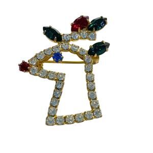 Vintage Christmas Brooch Multicolor Rhinestones Reindeer Pin Holiday Whimsy